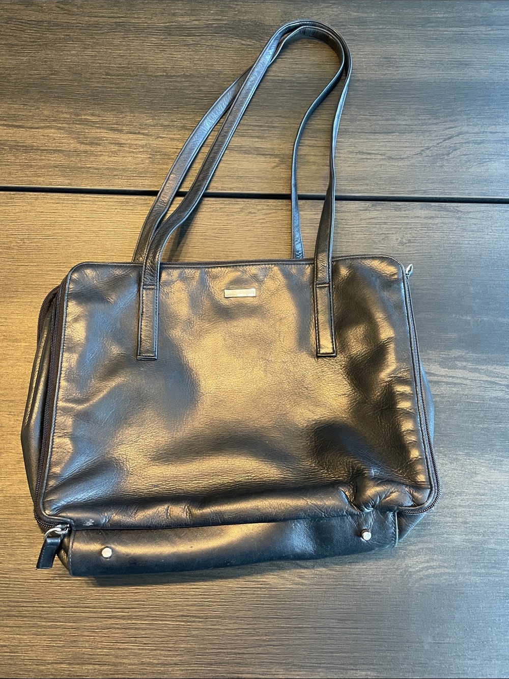 Perlina Black Leather Tote with Double Shoulder Straps